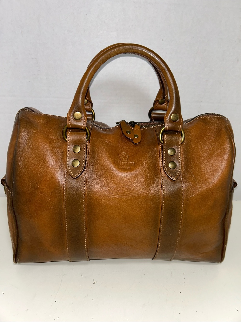 I Medici Made Italy Brown Leather Logo Top Handle Zip Satchel